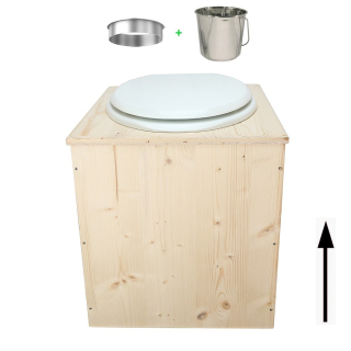 toilette sèche en bois avec seau inox et bavette inox avec abattant bois blanc - modèle rehaussé PMR