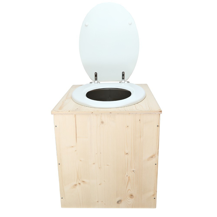  toilette sèche en bois avec seau inox et bavette inox avec abattant bois blanc - modèle rehaussé PMR