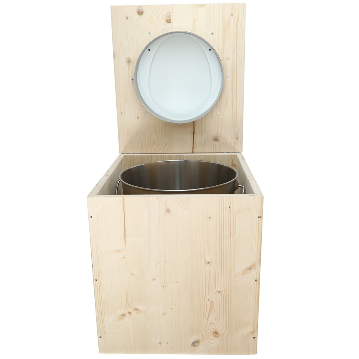  toilette sèche en bois avec seau inox et bavette inox avec abattant bois blanc - modèle rehaussé PMR