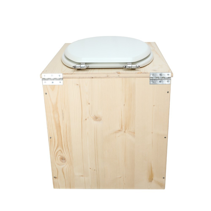  toilette sèche en bois avec seau inox et bavette inox avec abattant bois blanc - modèle rehaussé PMR