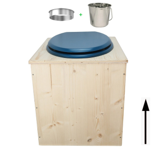 toilette sèche en bois avec seau inox et bavette inox avec abattant bois bleu nuit - modèle rehaussé PMR