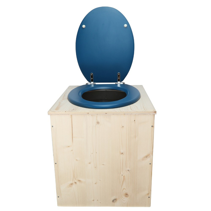  toilette sèche en bois avec seau inox et bavette inox avec abattant bois bleu nuit - modèle rehaussé PMR