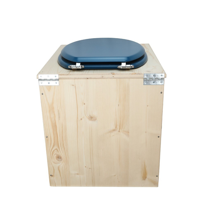  toilette sèche en bois avec seau inox et bavette inox avec abattant bois bleu nuit - modèle rehaussé PMR
