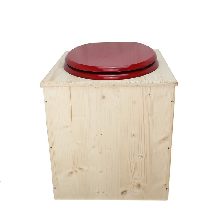  toilette sèche en bois avec seau inox et bavette inox avec abattant bois rouge framboise - modèle rehaussé PMR