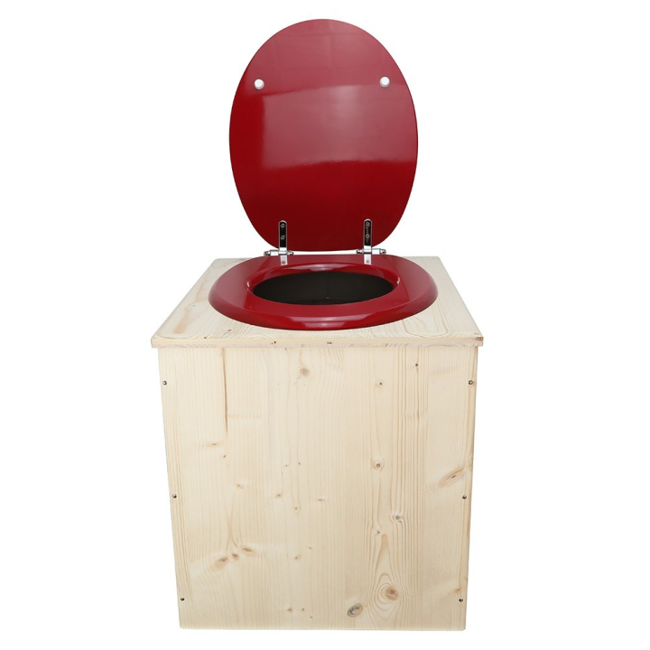  toilette sèche en bois avec seau inox et bavette inox avec abattant bois rouge framboise - modèle rehaussé PMR