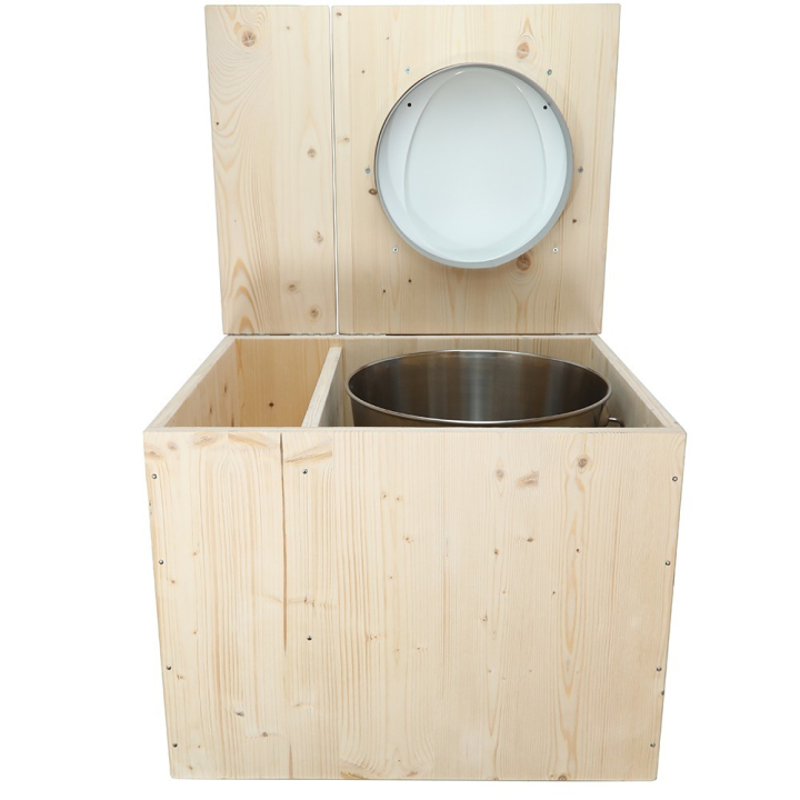 Toilette sèche avec bac à copeaux de bois - La Bac Blanche inox - modèle rehaussé PMR - hauteur d\'assise 50 cm