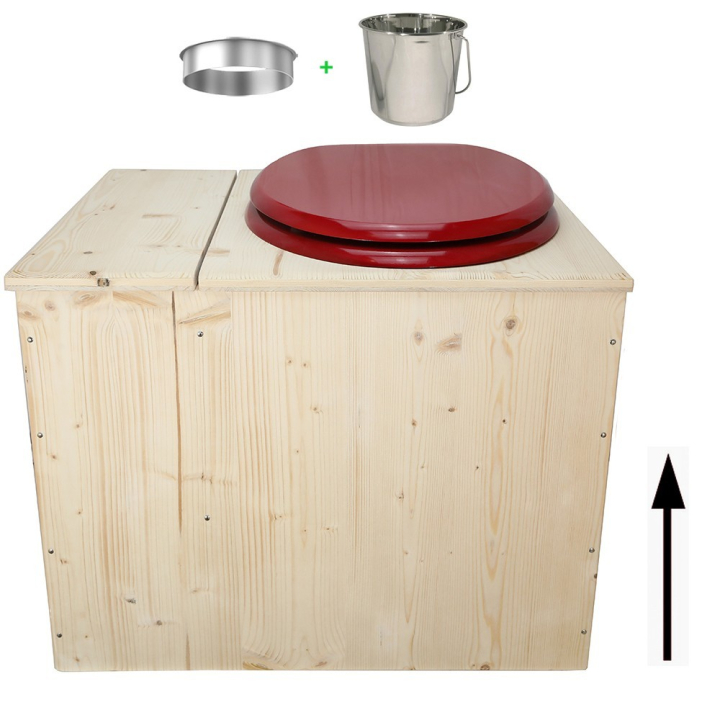 Toilette sèche avec bac à copeaux de bois - La Bac Rouge Framboise inox - modèle rehaussé PMR - hauteur d\'assise 50 cm