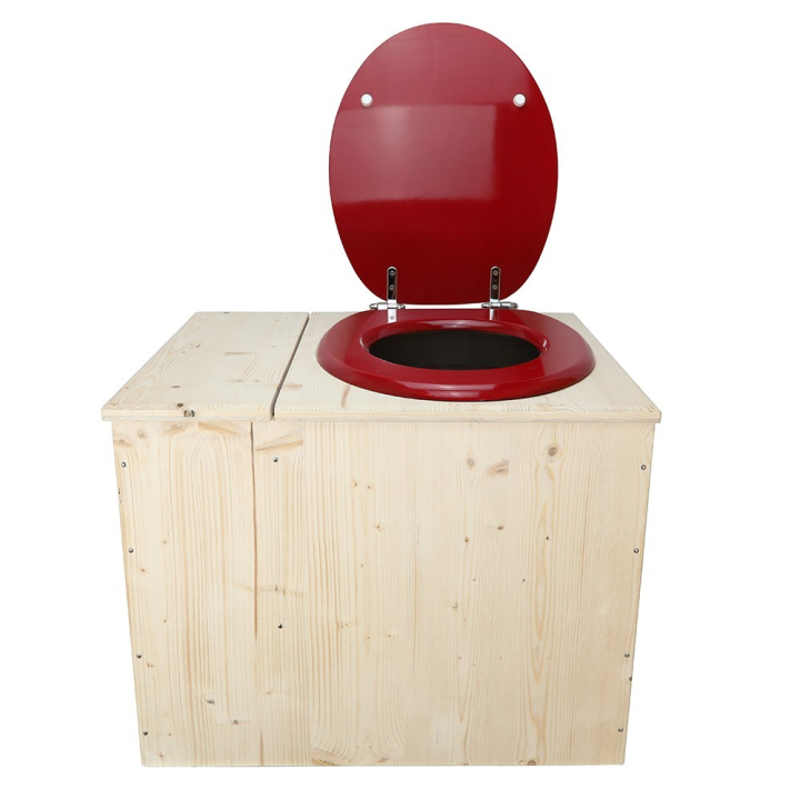  Toilette sèche avec bac à copeaux de bois - La Bac Rouge Framboise inox - modèle rehaussé PMR - hauteur d\'assise 50 cm