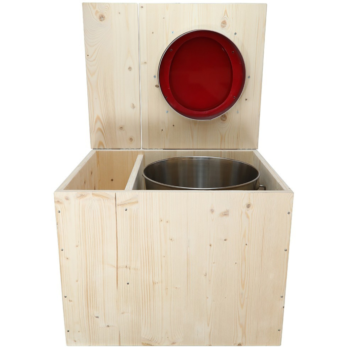  Toilette sèche avec bac à copeaux de bois - La Bac Rouge Framboise inox - modèle rehaussé PMR - hauteur d\'assise 50 cm