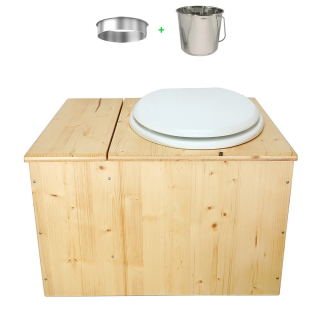 Toilette sèche huilée avec bac à copeaux de bois complète avec bavette inox Ø30cm et seau inox 