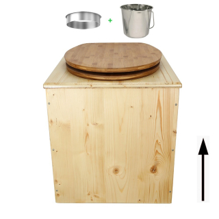 Toilette sèche rehaussée en bois huilé complète avec seau inox et bavette inox - abattant bambou