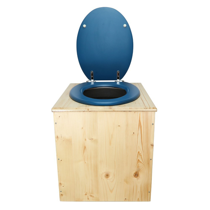  Toilette sèche rehaussée en bois huilé complète avec seau inox et bavette inox - abattant bleu