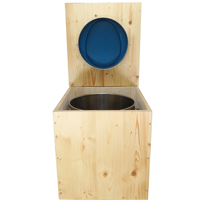  Toilette sèche rehaussée en bois huilé complète avec seau inox et bavette inox - abattant bleu