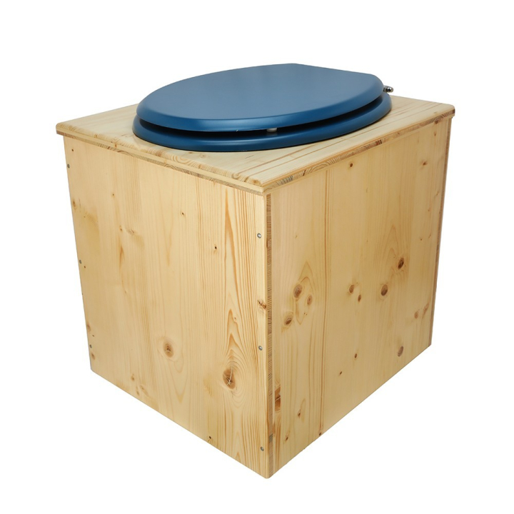  Toilette sèche rehaussée en bois huilé complète avec seau inox et bavette inox - abattant bleu