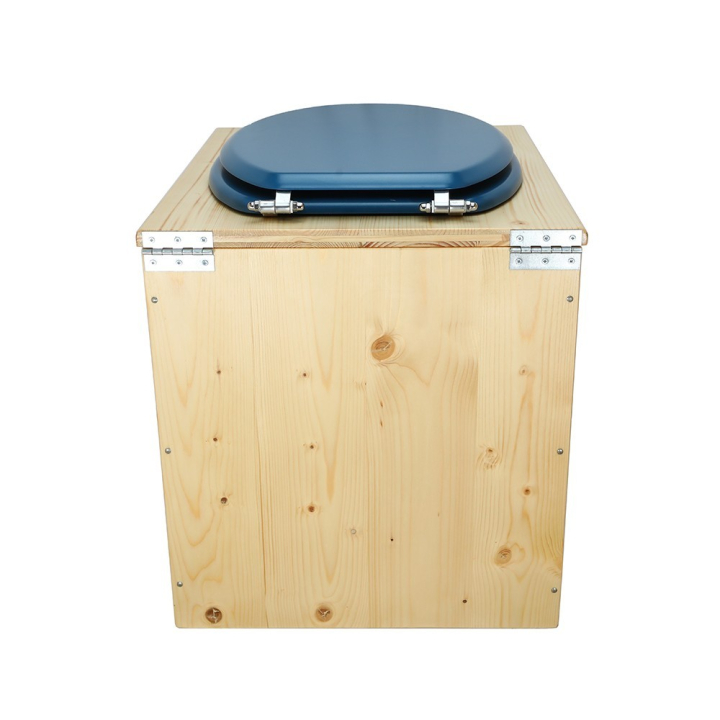  Toilette sèche rehaussée en bois huilé complète avec seau inox et bavette inox - abattant bleu