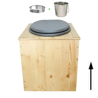 Toilette sèche rehaussée en bois huilé complète avec seau inox et bavette inox - abattant gris