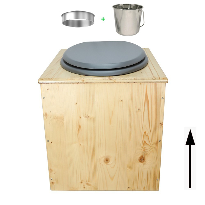 Toilette sèche rehaussée en bois huilé complète avec seau inox et bavette inox - abattant gris