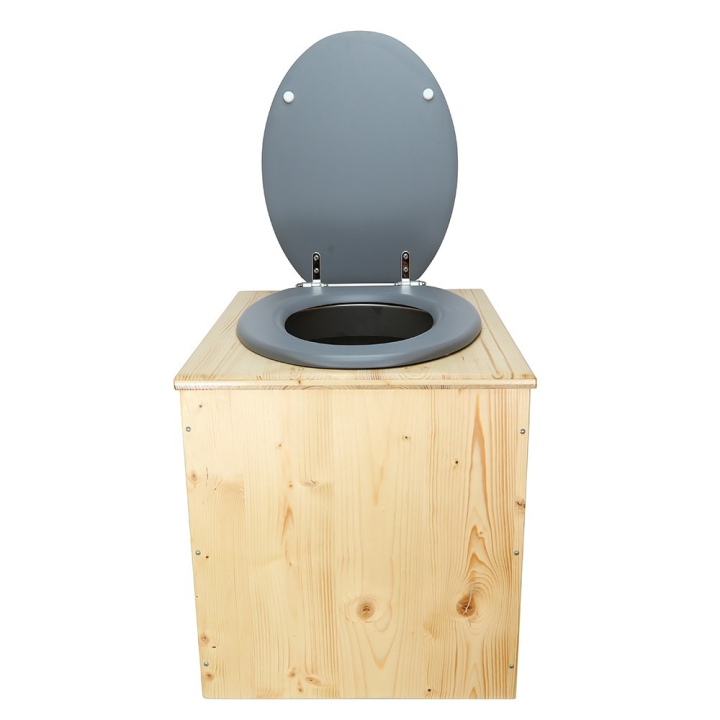  Toilette sèche rehaussée en bois huilé complète avec seau inox et bavette inox - abattant gris