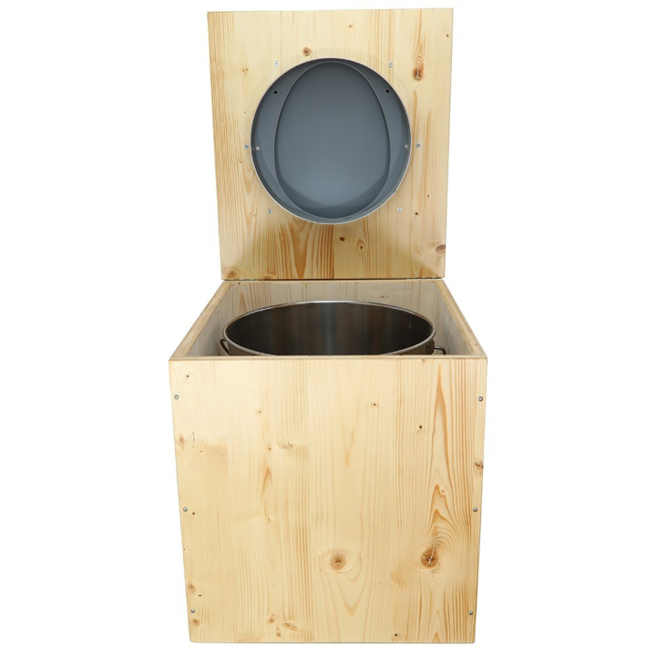  Toilette sèche rehaussée en bois huilé complète avec seau inox et bavette inox - abattant gris