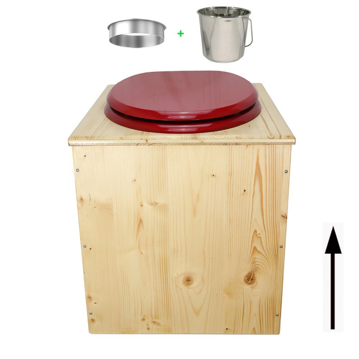Toilette sèche rehaussée en bois huilé complète avec seau inox et bavette inox - abattant rouge