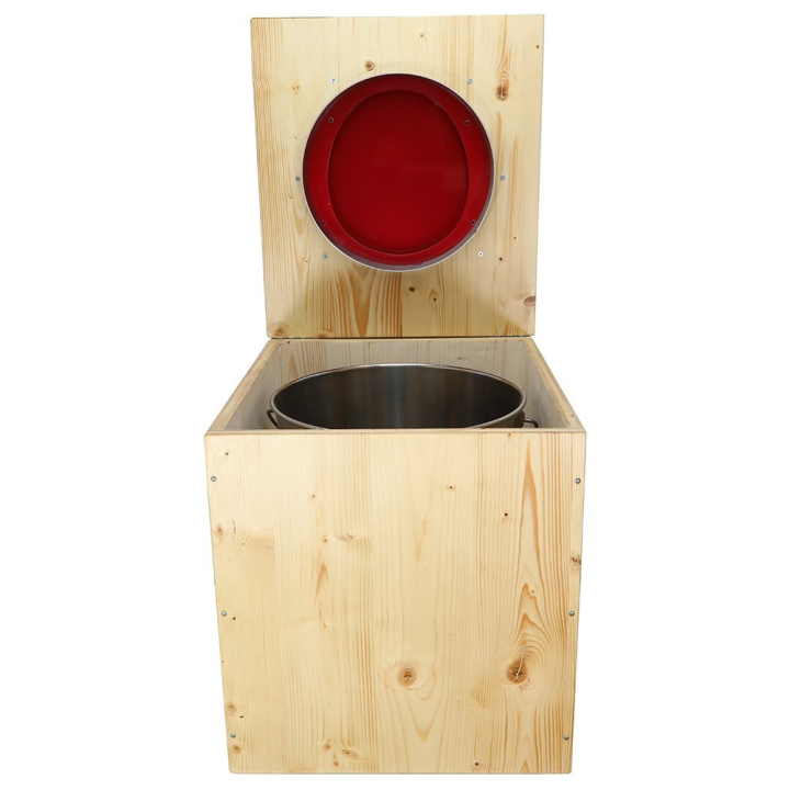  Toilette sèche rehaussée en bois huilé complète avec seau inox et bavette inox - abattant rouge