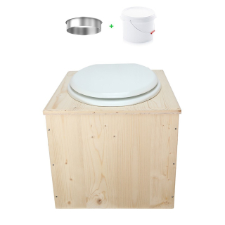 Toilette sèche en bois avec seau 22 Litres + bavette inox et abattant blanc