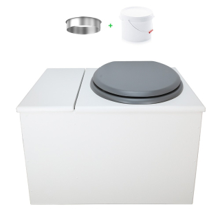 Toilette sèche avec bac à copeaux de bois. peinte en blanc. abattant gris. Livrée avec bavette inox et seau 22 litres