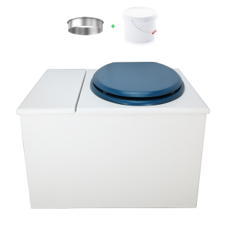 Toilette sèche avec bac à copeaux de bois. peinte en blanc. abattant bleu nuit. Livrée avec bavette inox et seau 22 litres