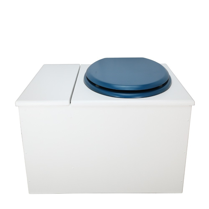  Toilette sèche avec bac à copeaux de bois. peinte en blanc. abattant bleu nuit. Livrée avec bavette inox et seau 22 litres