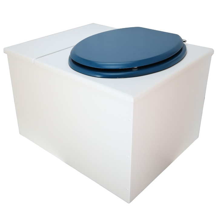  Toilette sèche avec bac à copeaux de bois. peinte en blanc. abattant bleu nuit. Livrée avec bavette inox et seau 22 litres