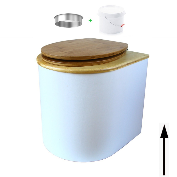 toilette sèche arrondie blanche avec couvercle huilé