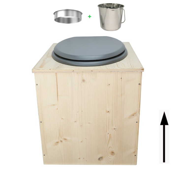 toilette sèche en bois avec seau inox et bavette inox avec abattant bois gris - modèle rehaussé PMR