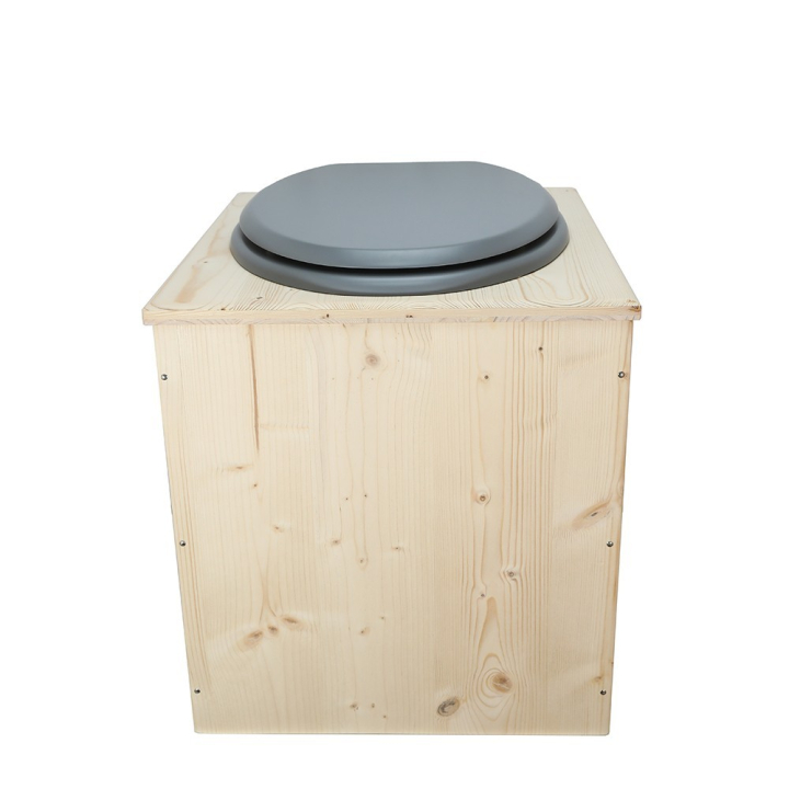  toilette sèche en bois avec seau inox et bavette inox avec abattant bois gris - modèle rehaussé PMR