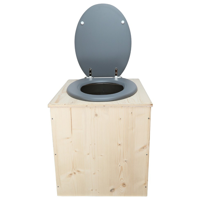  toilette sèche en bois avec seau inox et bavette inox avec abattant bois gris - modèle rehaussé PMR