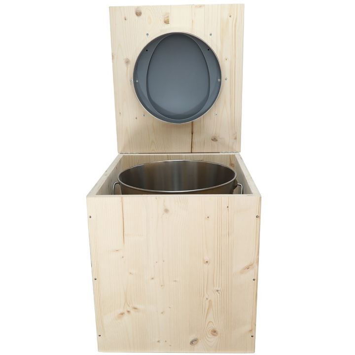  toilette sèche en bois avec seau inox et bavette inox avec abattant bois gris - modèle rehaussé PMR