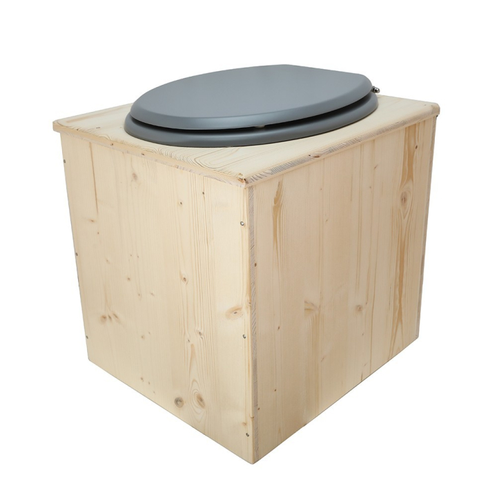  toilette sèche en bois avec seau inox et bavette inox avec abattant bois gris - modèle rehaussé PMR