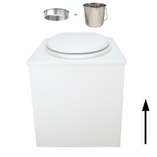 Toilette sèche rehaussée en bois blanc complète avec seau inox 22 litres et bavette inox Ø30 cm - abattant blanc
