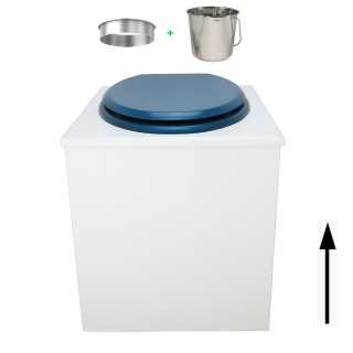Toilette sèche rehaussée en bois blanc complète avec seau inox 22 litres et bavette inox Ø30 cm - abattant bleu nuit