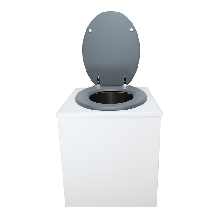  Toilette sèche rehaussée en bois blanc complète avec seau inox 22 litres et bavette inox Ø30 cm - abattant gris