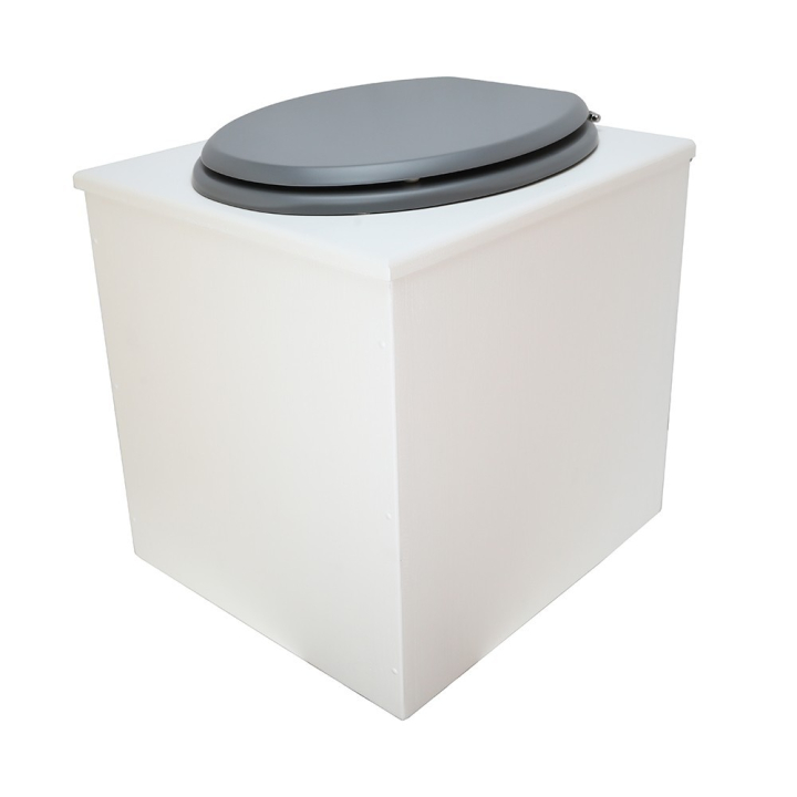  Toilette sèche rehaussée en bois blanc complète avec seau inox 22 litres et bavette inox Ø30 cm - abattant gris