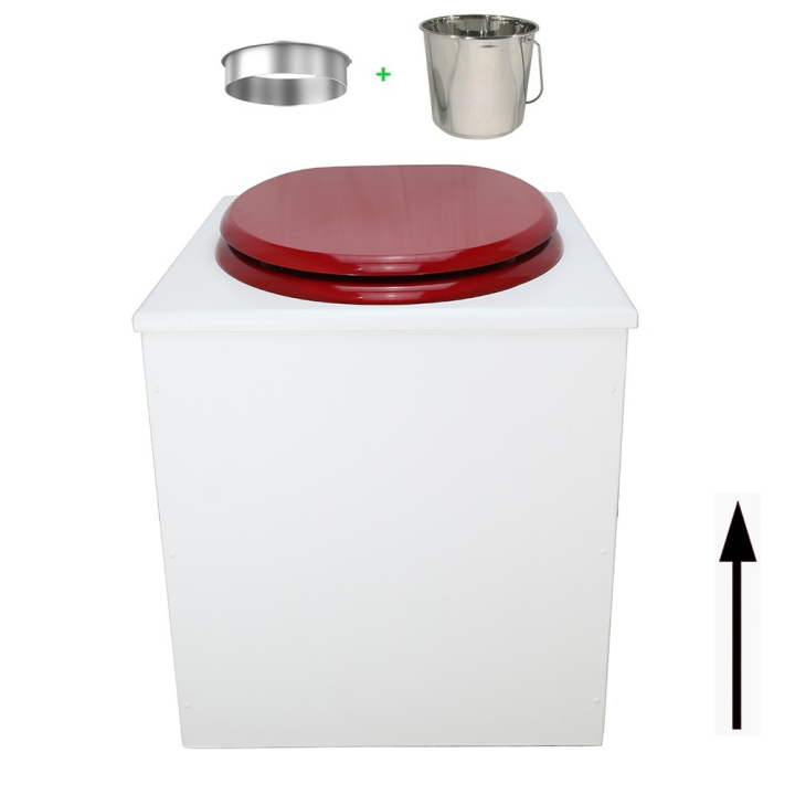 Toilette sèche rehaussée en bois blanc complète avec seau inox 22 litres et bavette inox Ø30 cm - abattant rouge
