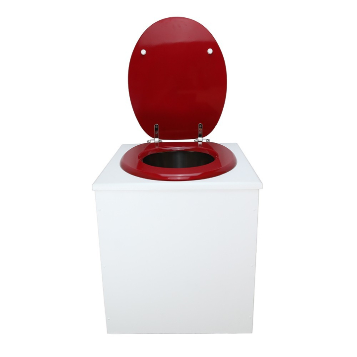  Toilette sèche rehaussée en bois blanc complète avec seau inox 22 litres et bavette inox Ø30 cm - abattant rouge