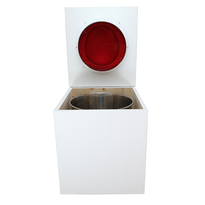  Toilette sèche rehaussée en bois blanc complète avec seau inox 22 litres et bavette inox Ø30 cm - abattant rouge