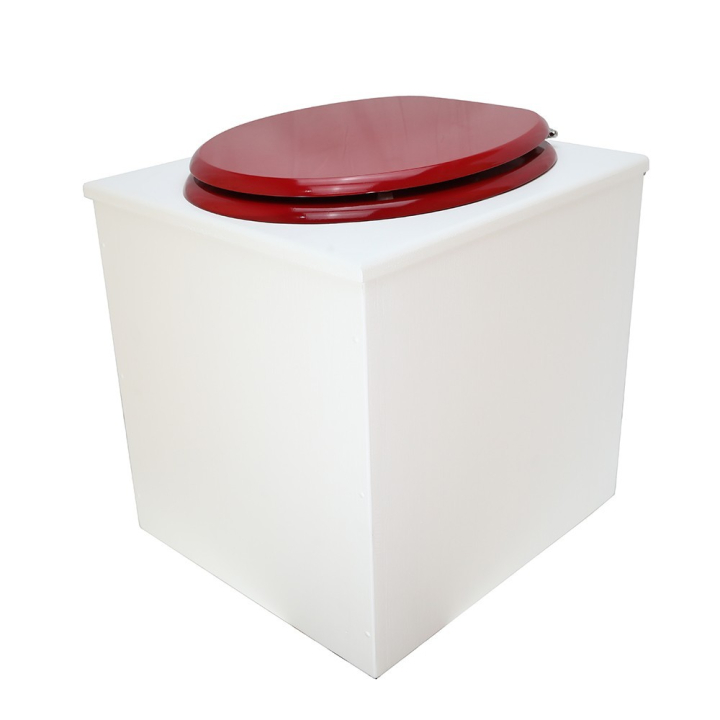  Toilette sèche rehaussée en bois blanc complète avec seau inox 22 litres et bavette inox Ø30 cm - abattant rouge