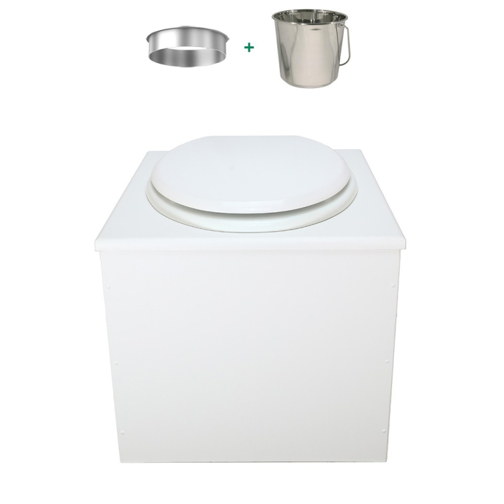 Toilette sèche en bois blanc complète avec seau inox 22 litres et bavette inox Ø30 cm - abattant blanc