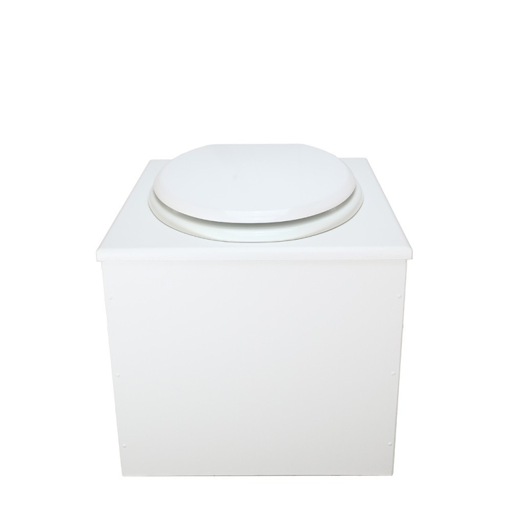  Toilette sèche en bois blanc complète avec seau inox 22 litres et bavette inox Ø30 cm - abattant blanc