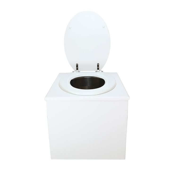  Toilette sèche en bois blanc complète avec seau inox 22 litres et bavette inox Ø30 cm - abattant blanc