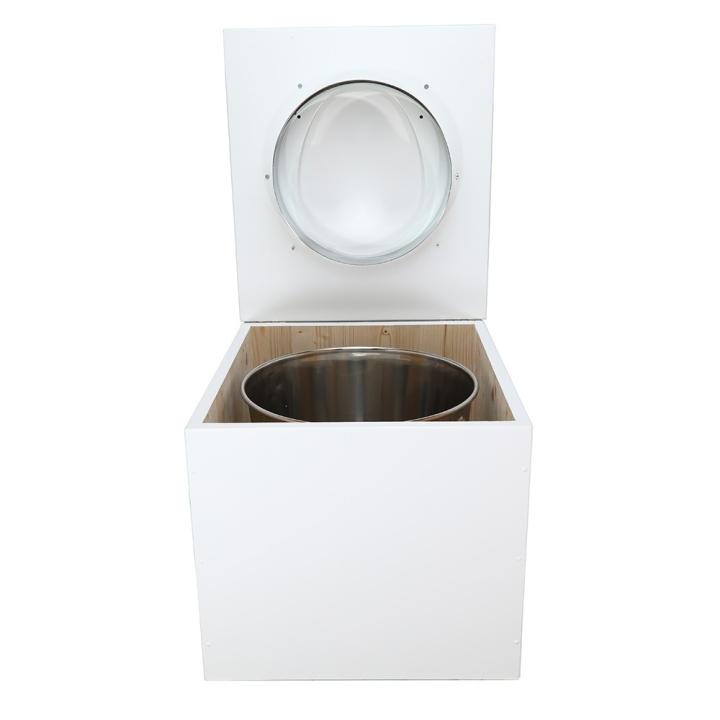 Toilette sèche en bois blanc complète avec seau inox 22 litres et bavette inox Ø30 cm - abattant blanc