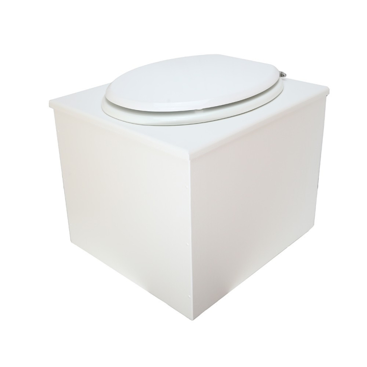  Toilette sèche en bois blanc complète avec seau inox 22 litres et bavette inox Ø30 cm - abattant blanc