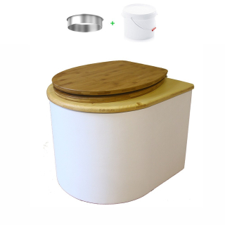 toilette sèche en bois arrondie blanche/huilé avec seau plastique 22L